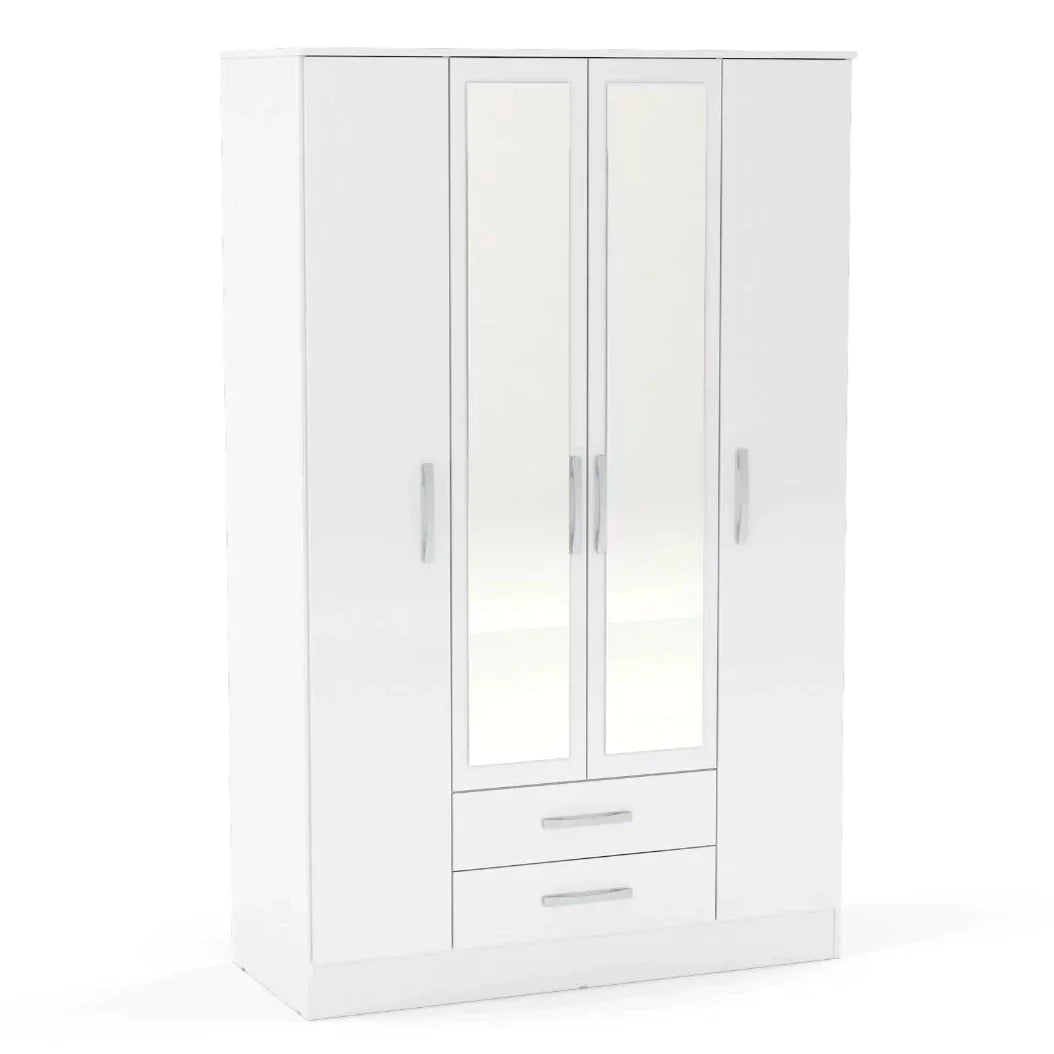 Lynx 4 Door 2 Drawer Mirrored Wardrobe - White