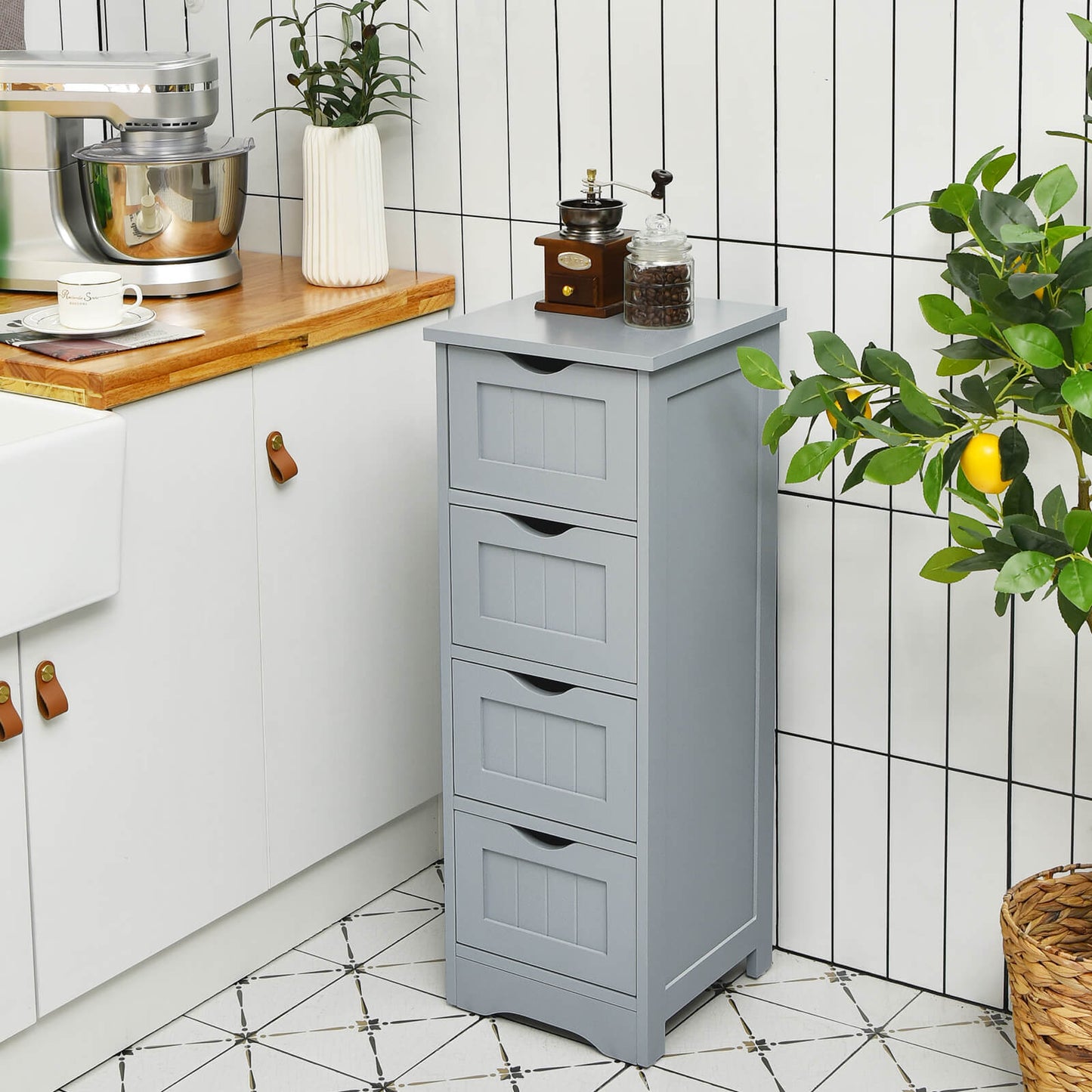 4 Drawers Bathroom Floor Cabinet with Curved Handle-Grey