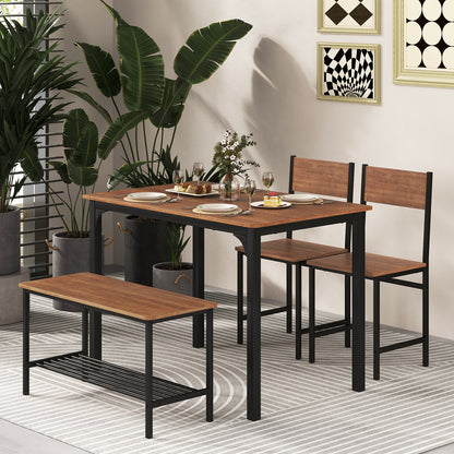 4-Piece Dining Table Set with Storage Shelf and Metal Frame-Brown