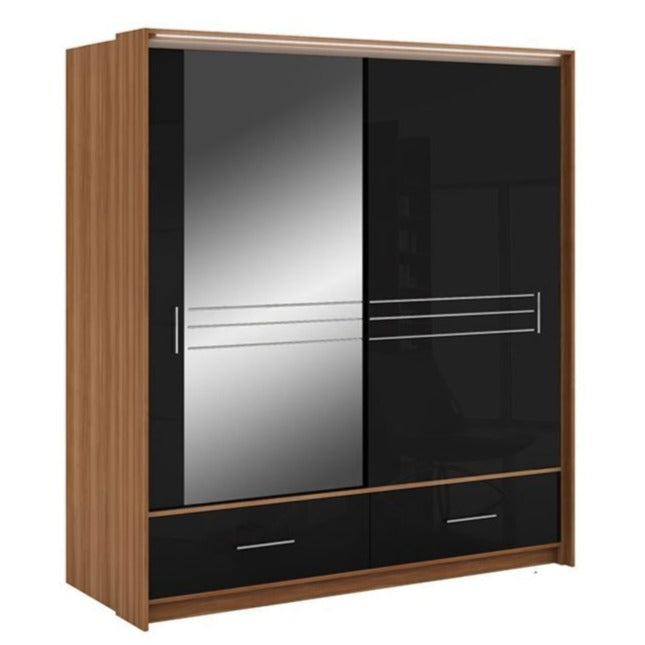 Wiltshire 208cm Sliding Door Wardrobe with Mirror Walnut with 2 Drawers - Black Gloss and White Gloss