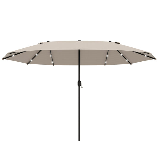 Outsunny Garden Parasol 4.4m Double-Sided Sun Umbrella Patio Parasol LED Solar Lights Khaki