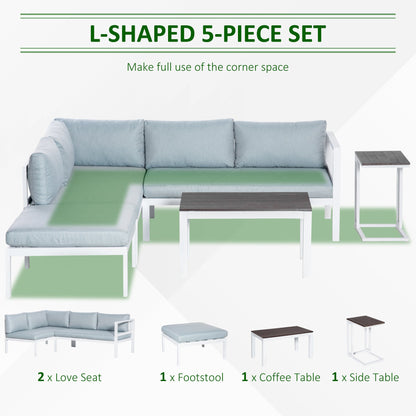 Outsunny 5-Piece L-shaped Garden Furniture Set Corner Sofa with Coffee Table - White Frame