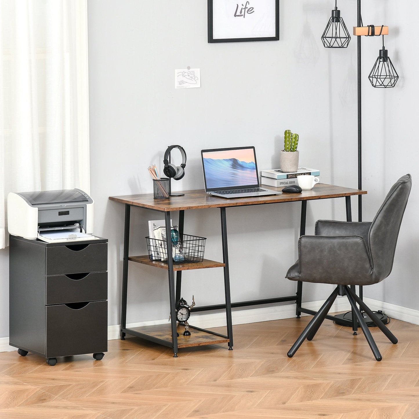 Writing Desk Working Station Home Office Table with 2 Shelves Steel Frame