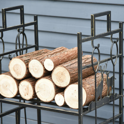 Outsunny 2-tier Heavy Duty Firewood Rack Wood Log Fireplace Stacker Deer design w/ 4 Tools, Gold