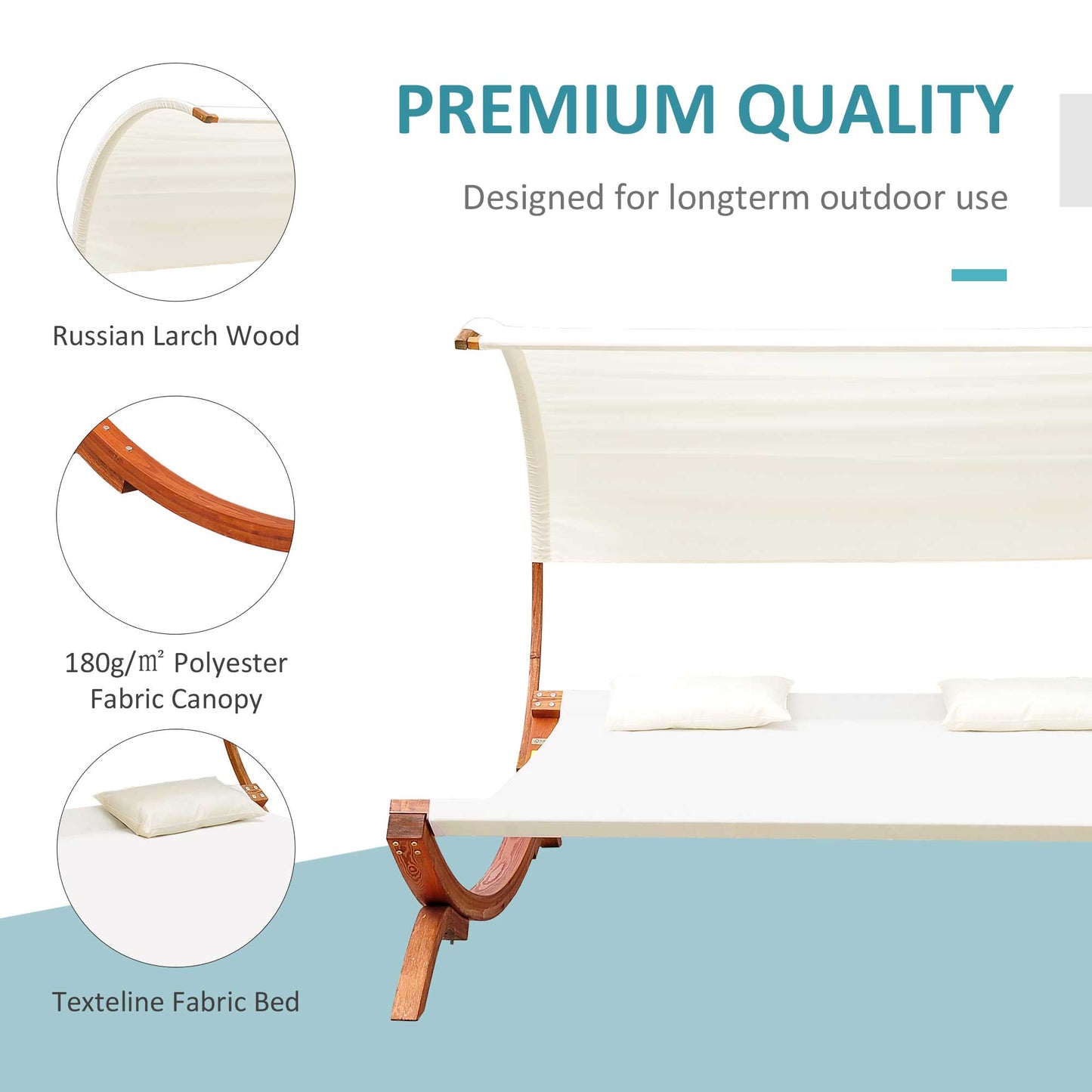 Wooden Double Sun Lounger Hammock Chaise Day Bed with Canopy - Cream