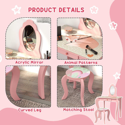 ZONEKIZ Kids Dressing Table with Mirror and Stool, Girls Vanity Table - Pink