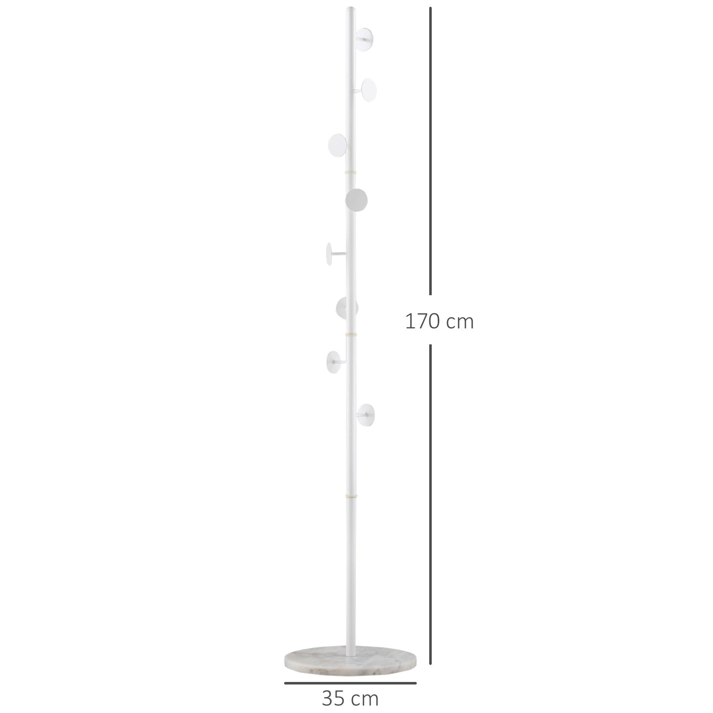 HOMCOM Coat Rack Free Standing Hall Tree with 8 Round Disc Hooks for Clothes, Hats,Purses, Steel Entryway Coat Stand w/ Marble Base White