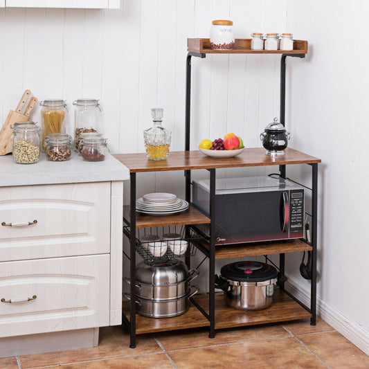 5-Tier Industrial Styled Shelving Unit with Pull-Out Basket-Coffee
