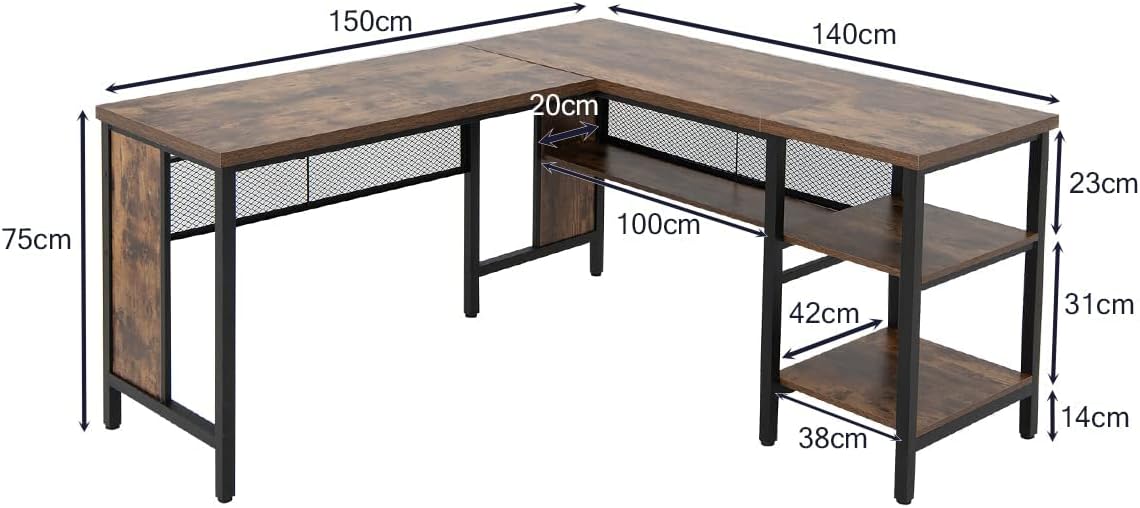 150 x 140 x 75cm Large Corner L-Shaped Computer Desk with 3 Storage Shelves-Rustic Brown