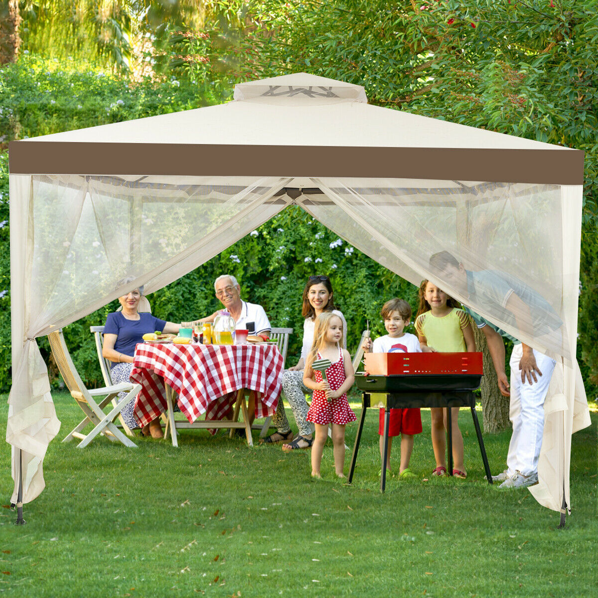 10 x 10ft Double Tiered Canopy Gazebo Garden Shelter Tent-Beige