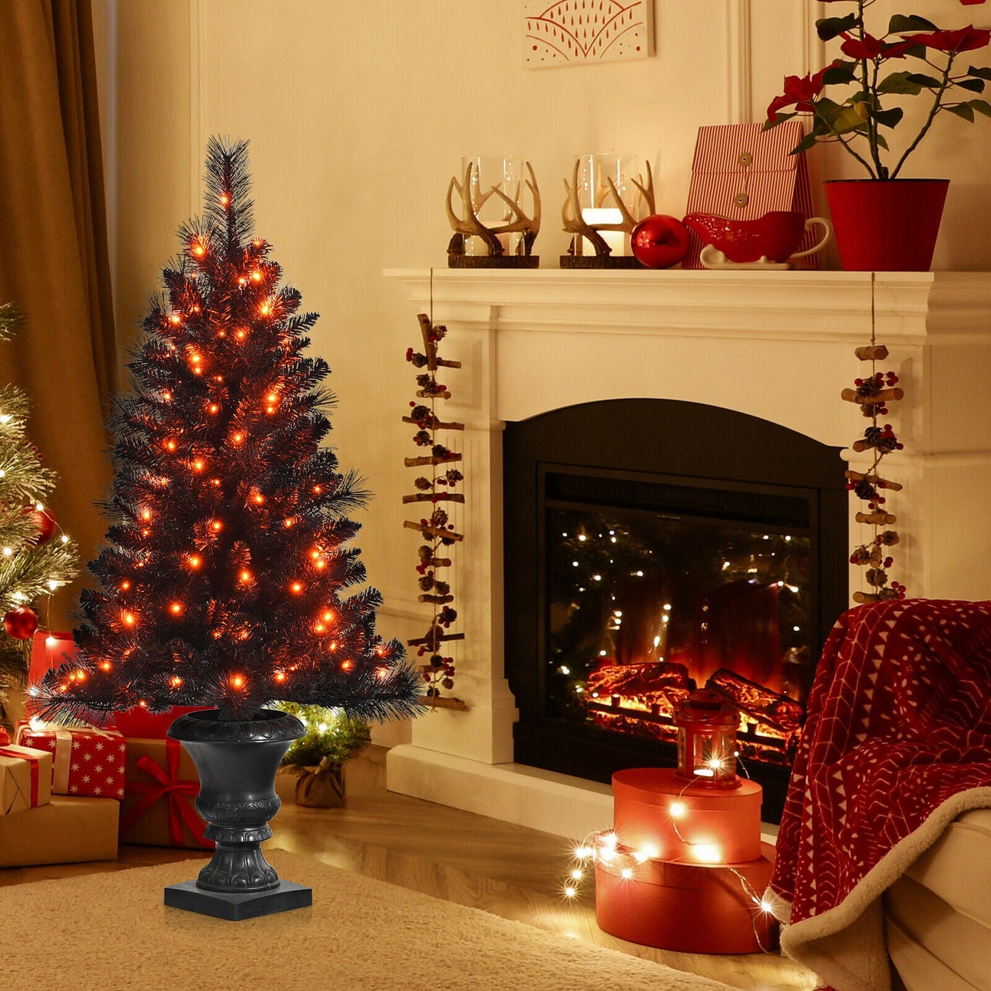 4ft Black Xmas Entrance Tree with 100 Orange LED Lights