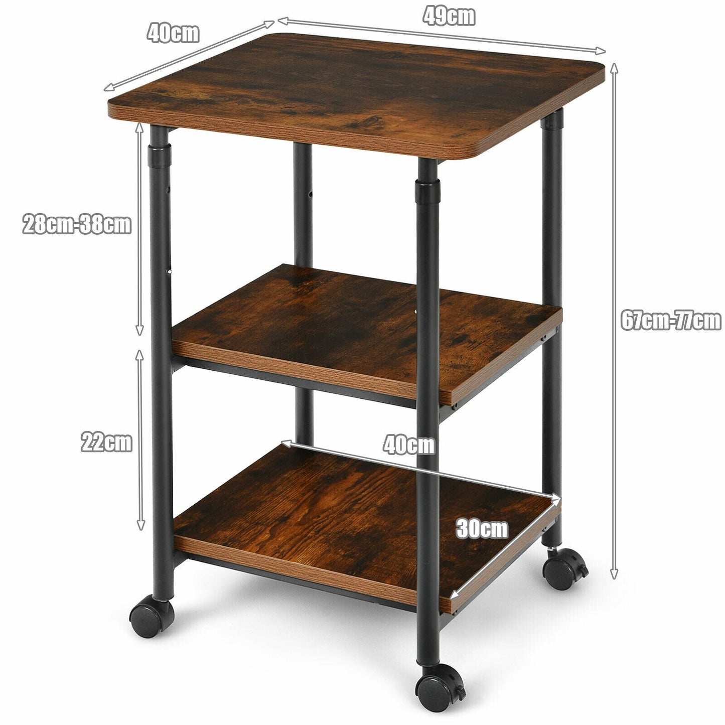3 Tier Height Adjustable Printer Stand / Wheeled Occasional Table-Brown