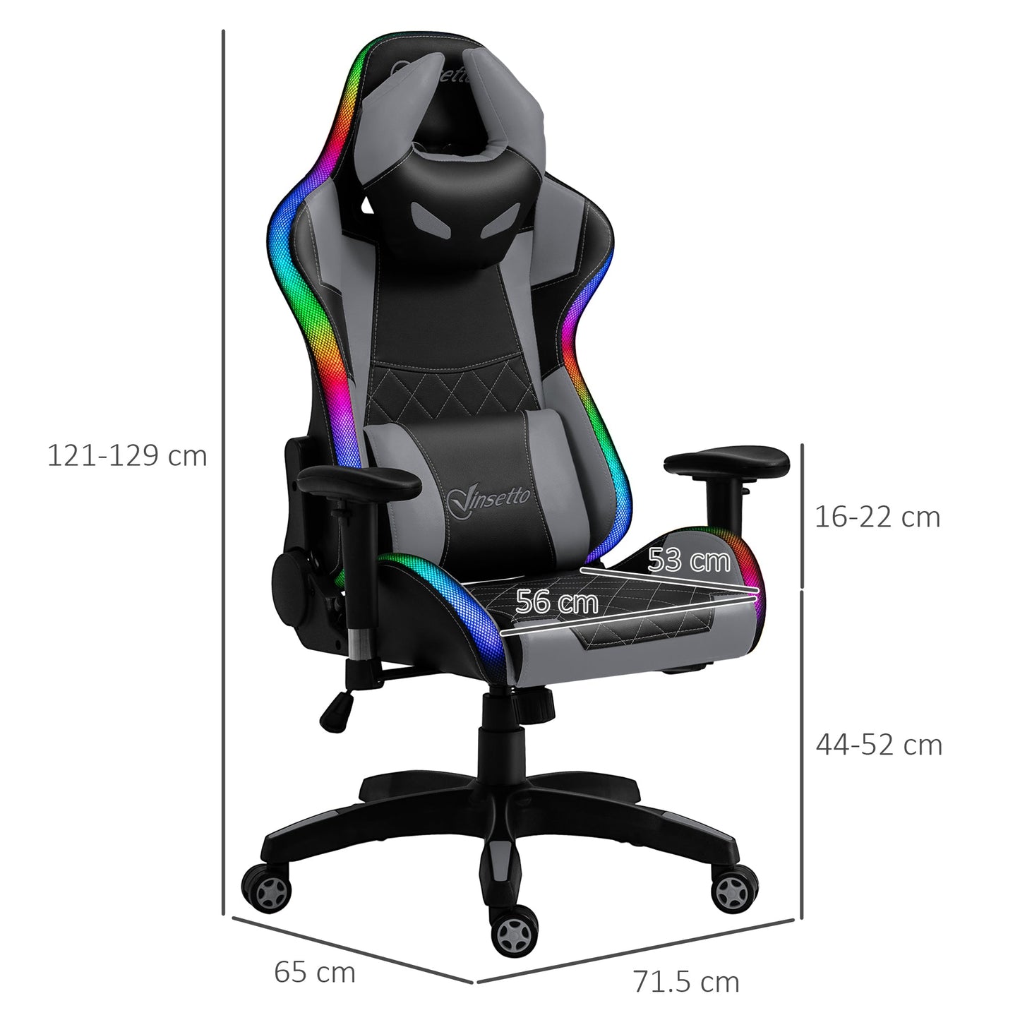 Vinsetto Gaming Office Chair with RGB LED Light, Lumbar Support, Gamer Recliner, Grey