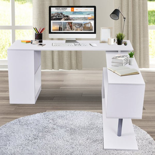 360° Rotating Corner Computer Desk Modern L-Shaped Home Office Workstation With 2-Tier Storage Shelves, Bookshelf - White