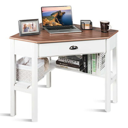 Corner Table / Computer Desk with Drawer and Shelves-Natural