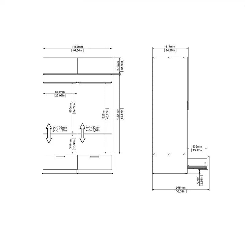 Line Wardrobe with 2 Doors + 2 Drawers in White and Concrete