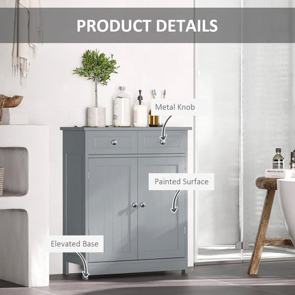 kleankin 75x60cm Freestanding Bathroom Storage Cabinet Unit w/ 2 Drawers Cupboard Adjustable Shelf Metal Handles Traditional Style Grey w/2