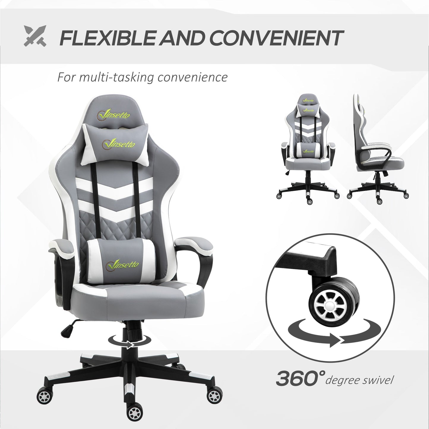 Vinsetto Racing Gaming Chair with Lumbar Support, Headrest, Swivel Wheel, PVC Leather Gamer Desk Chair for Home Office, Grey White