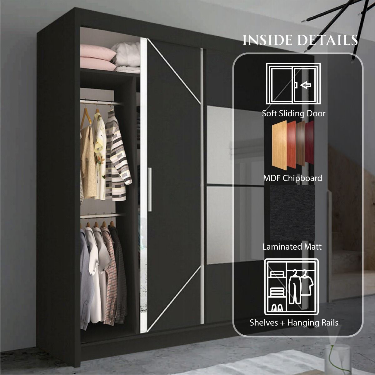 Bartholomew Mirrored Sliding Wardrobe - Black