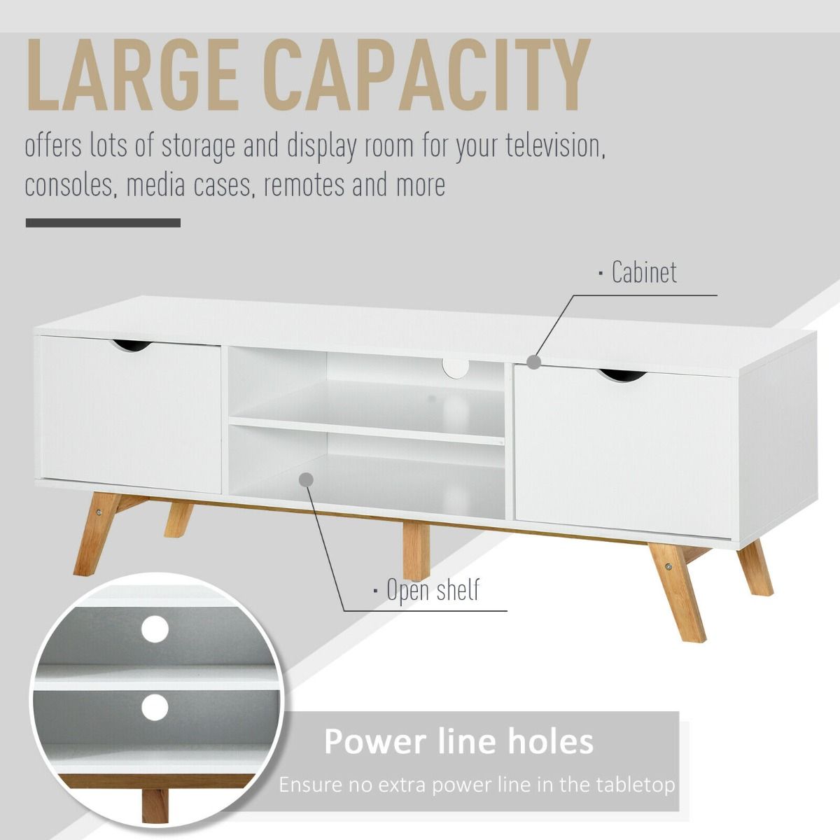 Elegant TV Stand With Storage Unit Wood Legs - White
