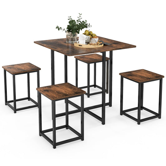 5-Piece Dining Table Set  with 4 Square Stools for Breakfast Nook-Rustic Brown