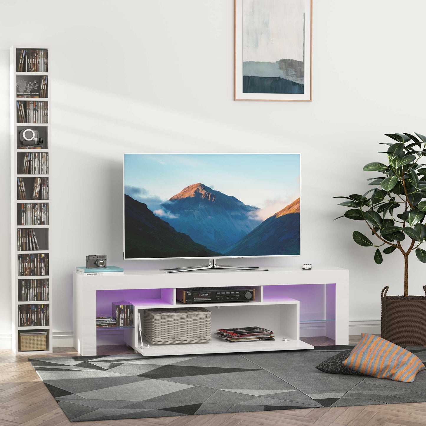 HOMCOM High Gloss Futuristic TV Stand, with LED Lights - White