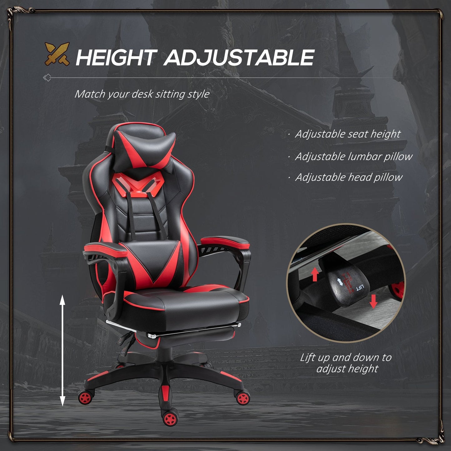 Vinsetto Gaming Chair Ergonomic Reclining w/ Manual Footrest 5 Wheels Stylish Office Red