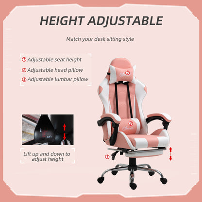 Vinsetto Gaming Chair with Head and Back Pillow, Retractable Footrest - Pink