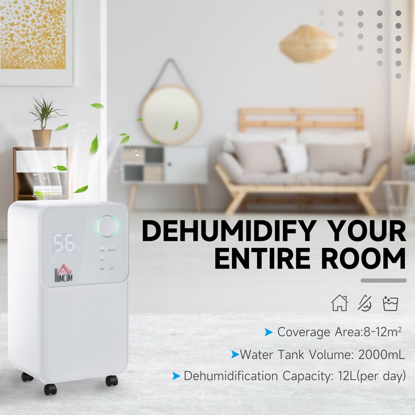 12L/Day 2L Portable Quiet Dehumidifier for Home Laundry Room Bedroom Basement, Electric Moisture Air De-Humidifier with 3 Modes