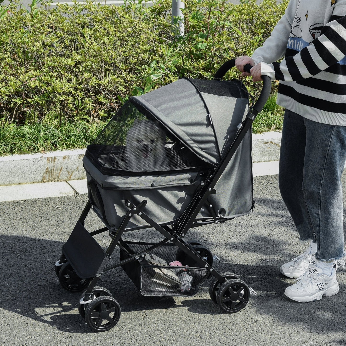 Pet Stroller Pushchair Foldable Travel Dog Cat Carriage with Reversible Handle Brake Basket Grey