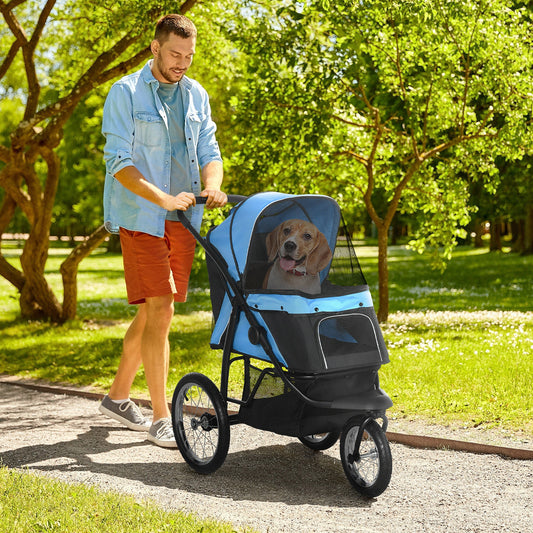 عربة أطفال PawHut Pet Stroller Jogger للكلاب المتوسطة والصغيرة، عربة أطفال قابلة للطي للكلاب والقطط مع مظلة قابلة للتعديل، 3 عجلات كبيرة - أزرق