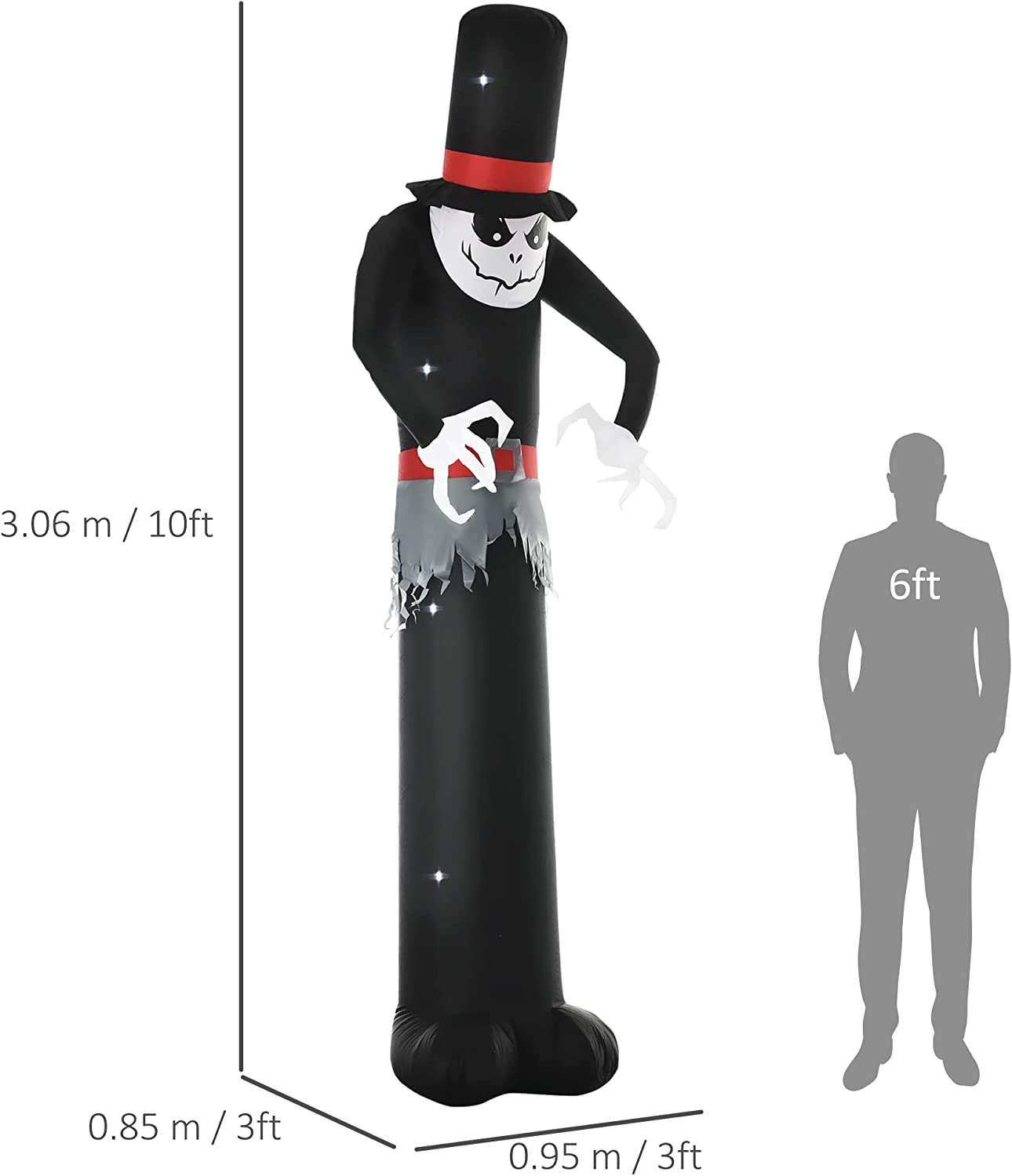 10ft Inflatable Halloween Skinny Ghost in a Tall Hat, Blow-Up Outdoor LED Display for Garden