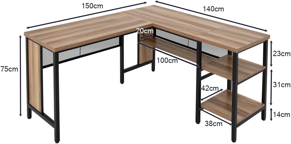 150 x 140 x 75cm Large Corner L-Shaped Computer Desk with 3 Storage Shelves-Oak