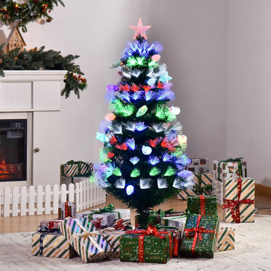 HOMCOM 5FT Pre-Lit Artificial Christmas Tree with Fibre Optic Baubles Fitted Star LED Light Xmas Decoration Green