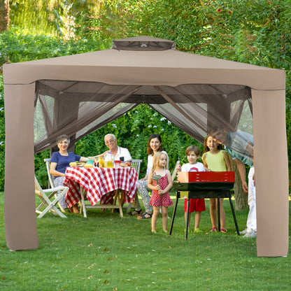 10 x 10ft Double Tiered Canopy Gazebo Garden Shelter Tent-Brown