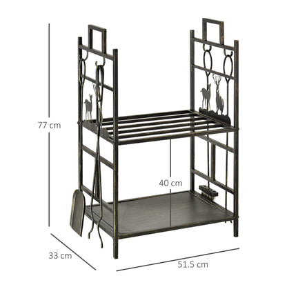 Outsunny 2-tier Heavy Duty Firewood Rack Wood Log Fireplace Stacker Deer design w/ 4 Tools, Gold