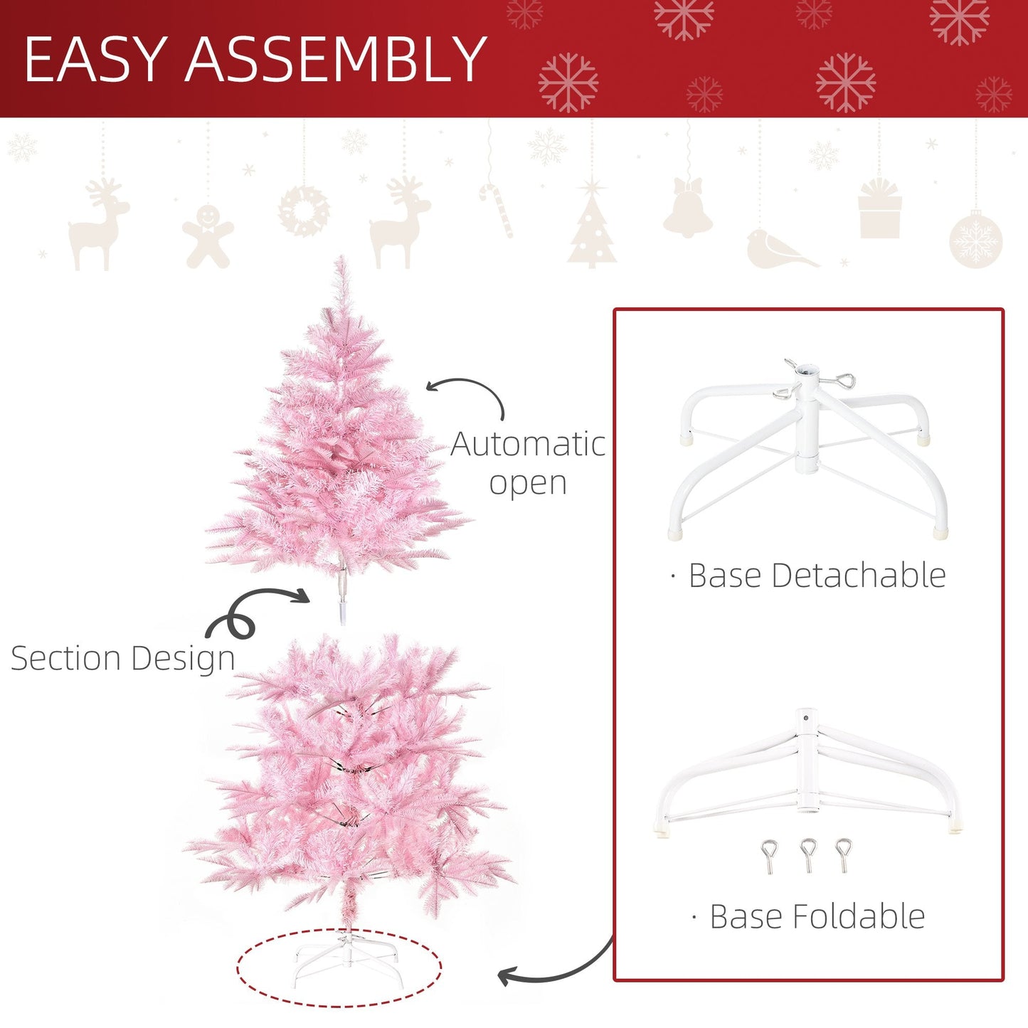 HOMCOM 5FT Artificial Christmas Tree Holiday Xmas Holiday Tree Decoration with Automatic Open for Home Party, Pink