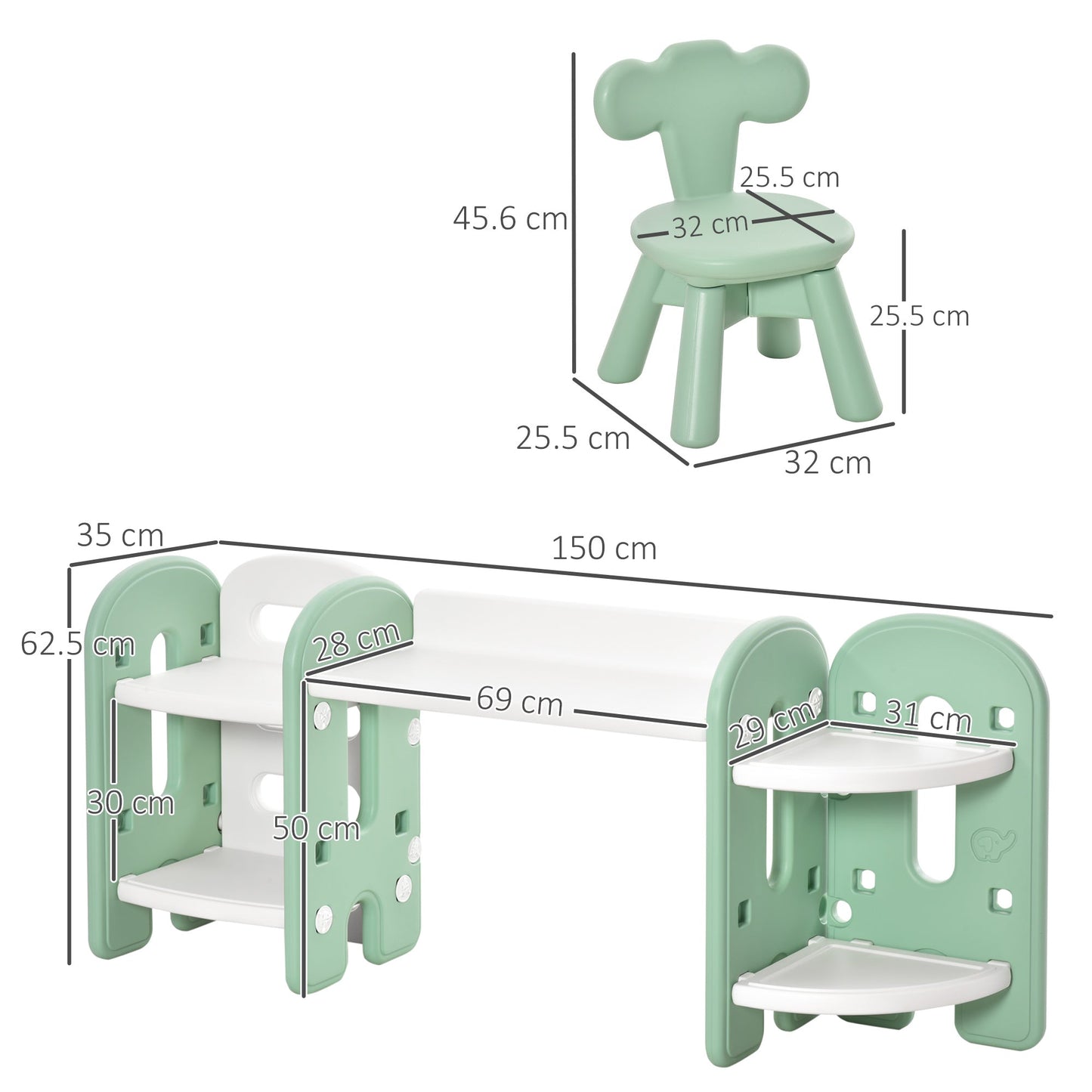 Kids Adjustable Table and Chair Set 2 Piece Green and white for 1-4 years old