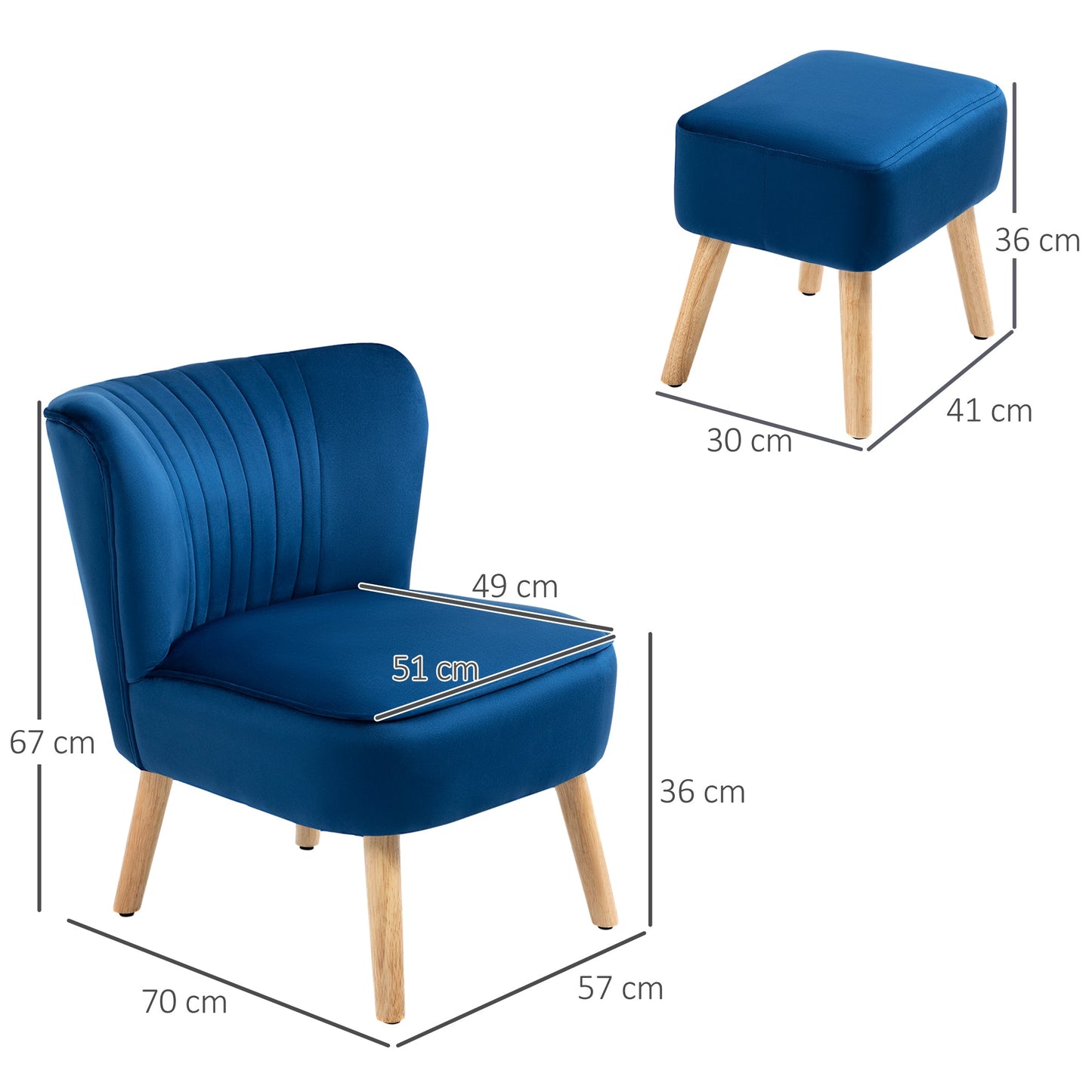 Velvet-Feel Tub Chair and Footstool - Blue