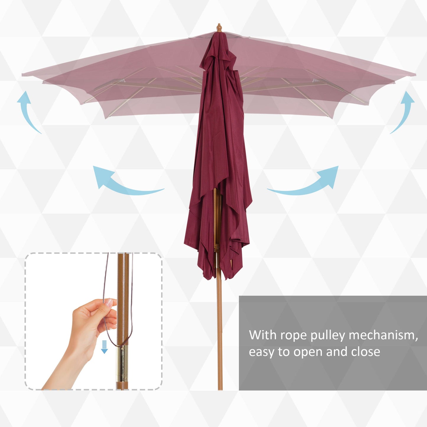 Wooden Garden Parasol 3x2 m Wine Red 3m x 2m Wood Sun Shade Patio Outdoor Umbrella Canopy Wine Red New