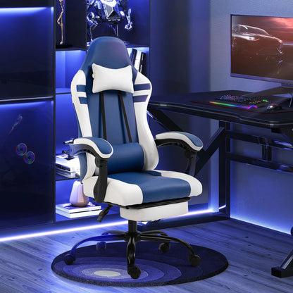 Vinsetto PU Leather Gaming Chair with Headrest, Footrest, Wheels, Adjustable Height - Blue/White