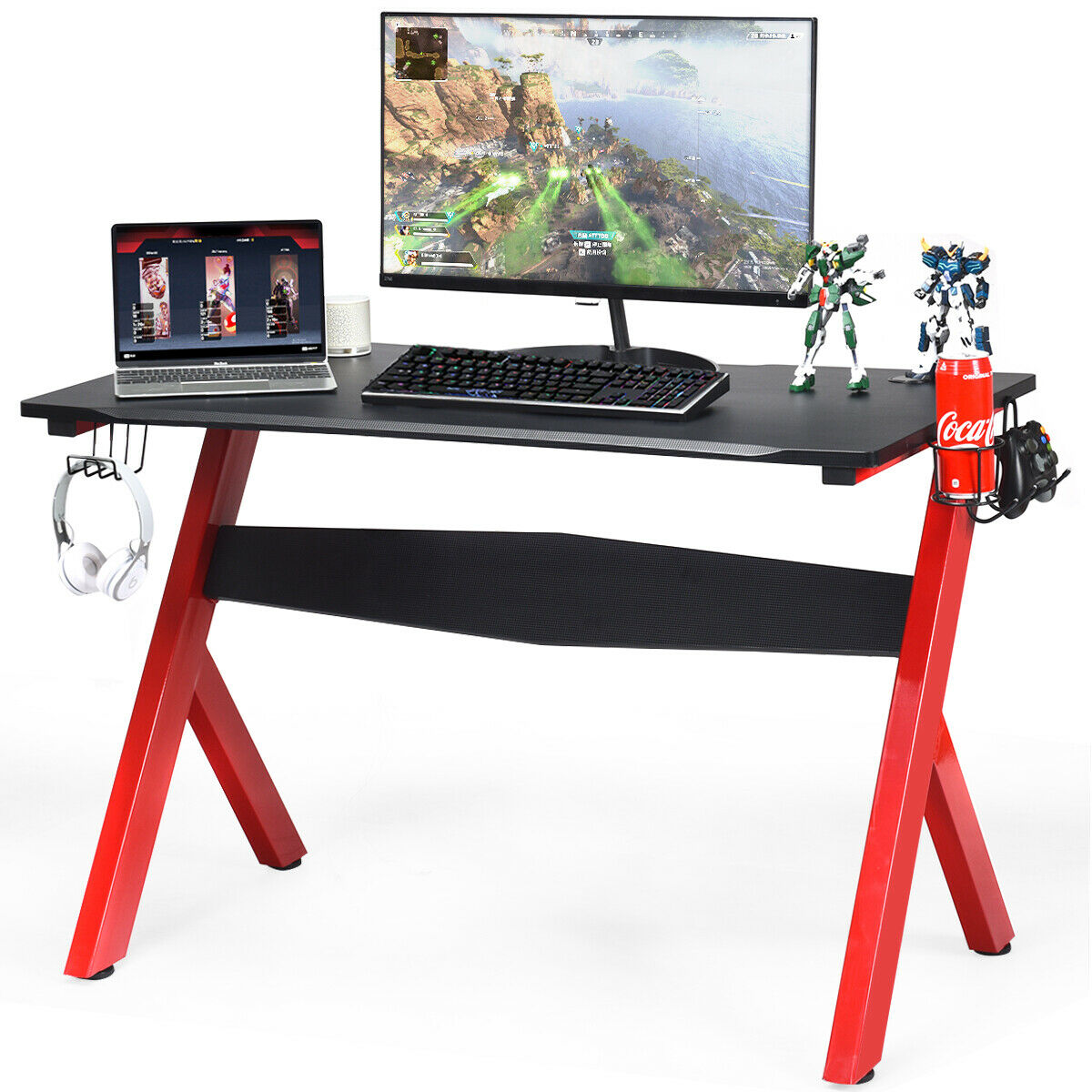 Gaming Computer Desk with Mouse Mat, Headphone and Controller Racks