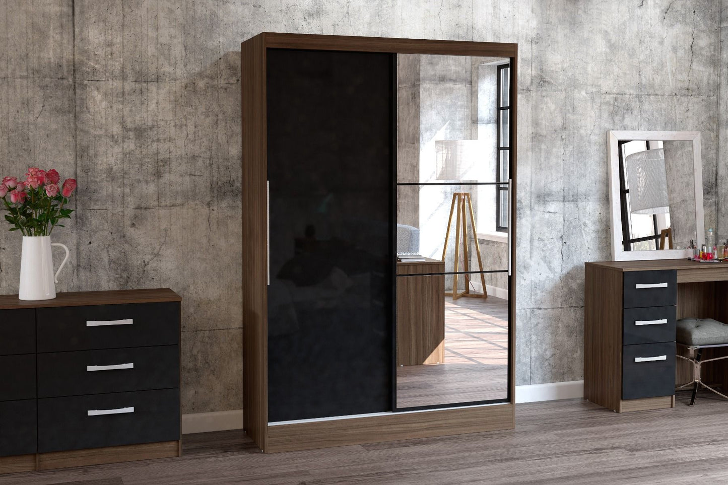 Lynx 2 Door Mirrored Sliding Wardrobe - Walnut and Black