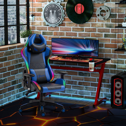 Vinsetto Gaming Office Chair with RGB LED Light, Lumbar Support, Gamer Recliner, Blue