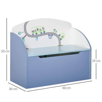 صندوق تخزين ألعاب خشبي للأطفال بتصميم 2 في 1 مع قضيب تثبيت يعمل بالغاز ومفصلات أمان وغطاء 60 × 30 × 50 سم صندوق أزرق مع مقعد للجلوس