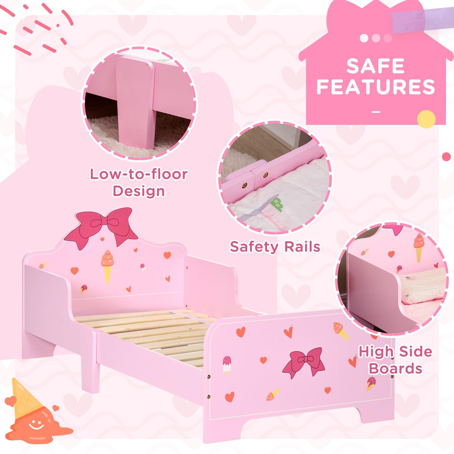 ZONEKIZ 5PCs Kids Furniture Set W/ Bed Toy Box Vanity Table Storage Unit, Pink