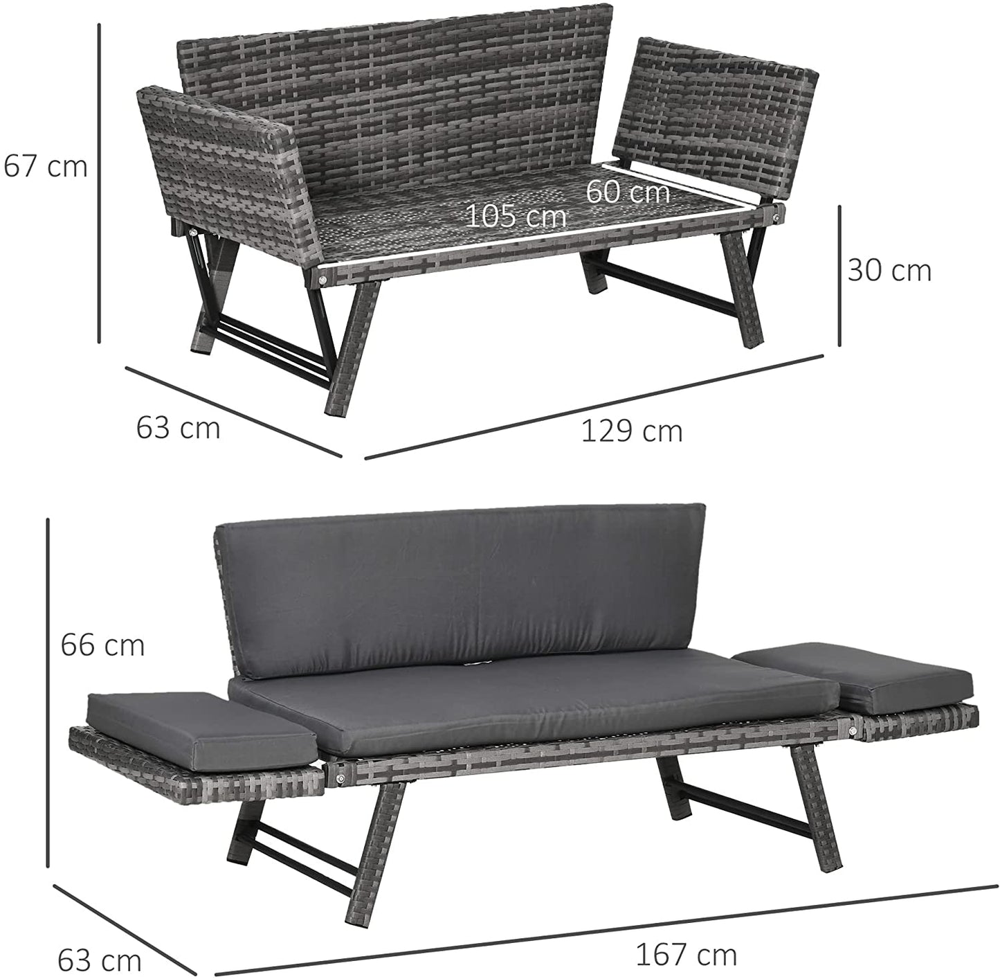 Outsunny 2 Seater Rattan Sofa with Cushions, 2-in-1 PE Rattan Daybed Sofa with Left Up or Down Armrests, Garden Chaise Lounger Loveseat for Outdoor, Patio, Mixed Grey