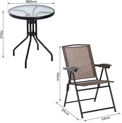 Outsunny 3 Piece Outdoor Bistro Set, Patio Conversation Furniture Set with 2 Folding Backrest Adjustable Armchairs and Glass Top Coffee Table, Brown