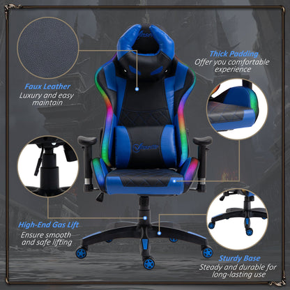 Vinsetto Gaming Office Chair with RGB LED Light, Lumbar Support, Gamer Recliner, Blue