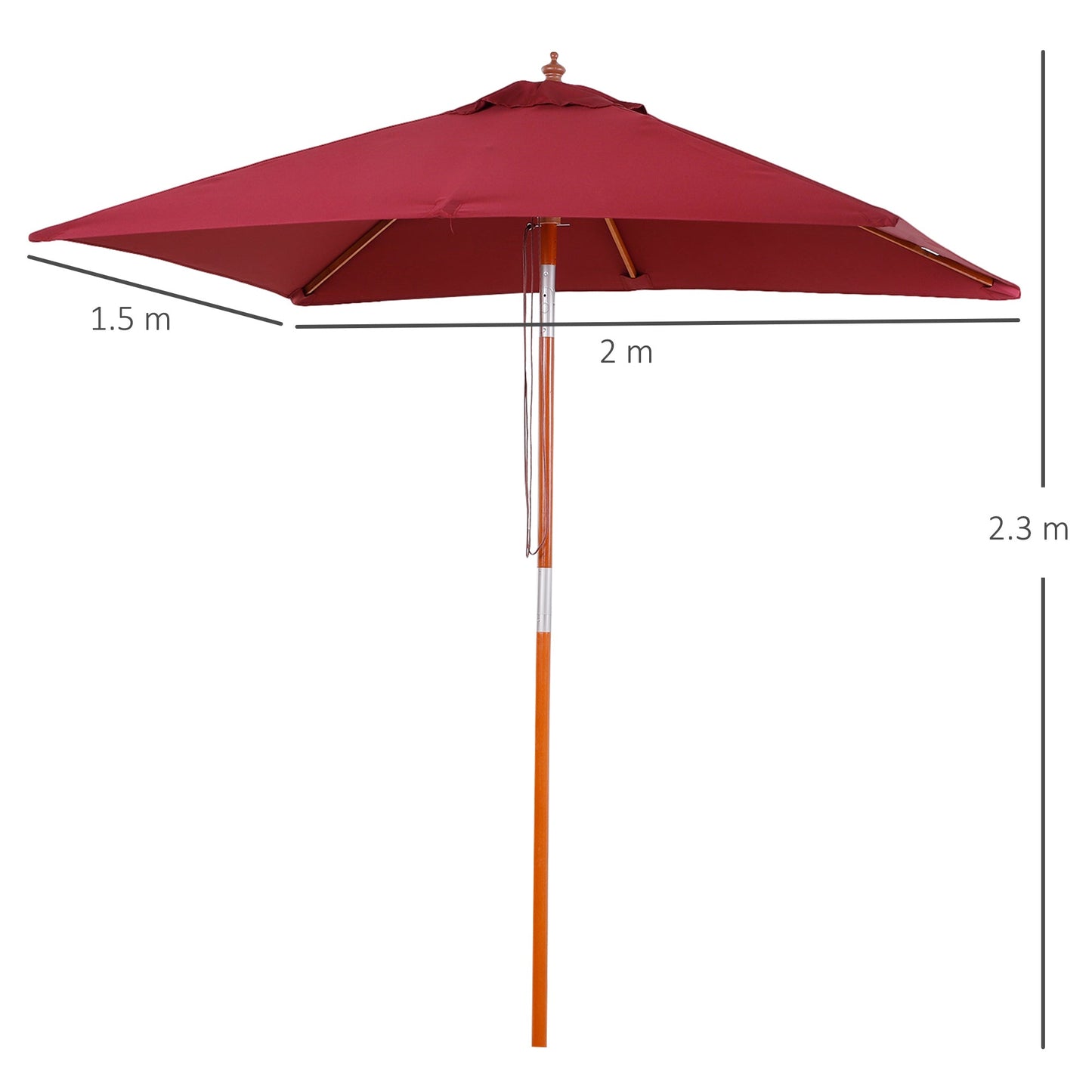 Outsunny 2m x 1.5m Garden Parasol Umbrella with Tilting Sunshade Canopy, Outdoor Market Table Umbrella with Wood and Bamboo Frame, Wine Red